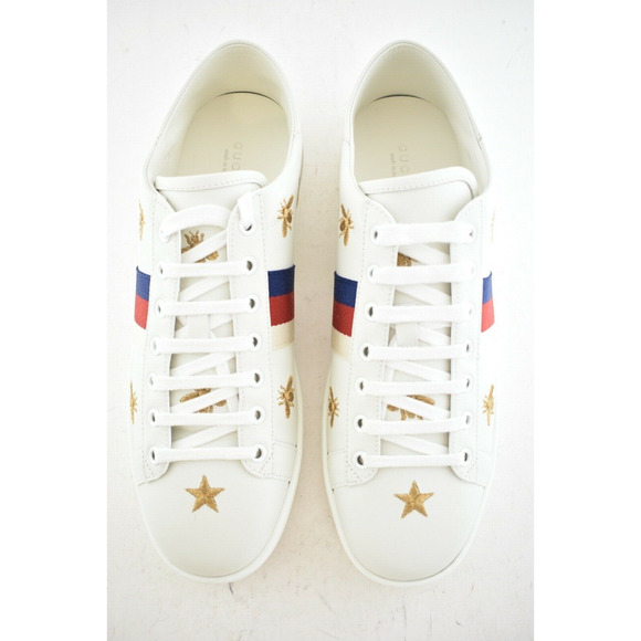 Gucci New Ace White Star Bee Gold GG Logo Flat Low Top Lace Up Tie Sneaker 42 - Picture 7 of 12